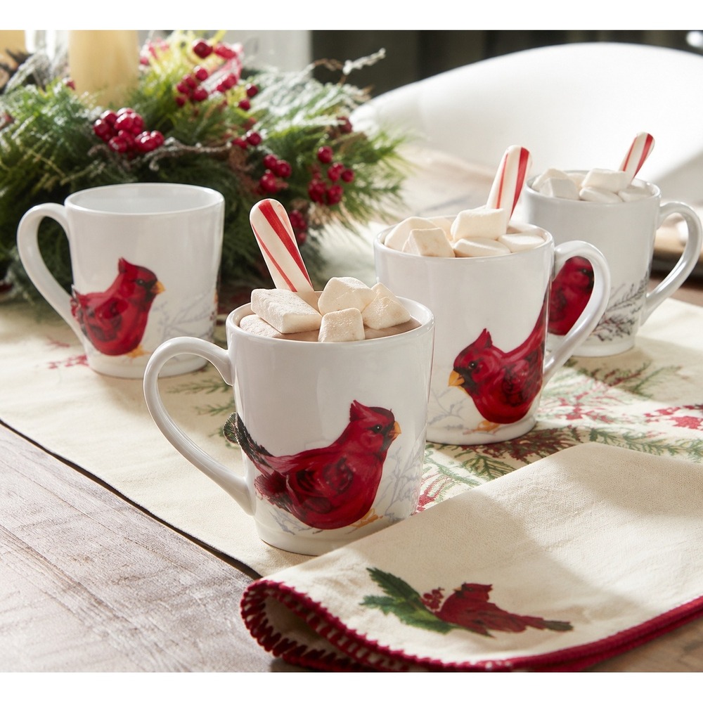 Pottery Barn Cardinal Embossed Stoneware 4 Mug Set Circa 2017/2019 Discontinued